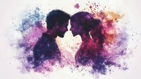 Romantic couple silhouettes in profile against watercolor splash background with purple and red hues. Passionate artistic portrait showing intimate moment between lovers.