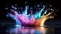 Vibrant multicolored liquid splash with rainbow hues creating dynamic crown shape against dark background with bokeh lights and reflections.
