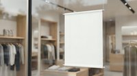 Blank white hanging sign mockup in modern retail clothing store interior with glass displays and neutral decor for branding and promotional advertising.