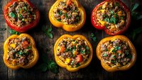 Colorful stuffed bell peppers filled with seasoned ground meat, rice and vegetables garnished with fresh herbs on rustic wooden background for healthy dinner recipes.