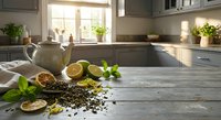 Rustic wooden table with loose green tea leaves, lemon slices, and fresh mint in a sunlit kitchen with a ceramic teapot.
