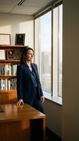 Professional woman in dark blazer standing at wooden desk in modern office with floor-to-ceiling windows, bookshelf, and city skyline view. Corporate leadership and business success concept.