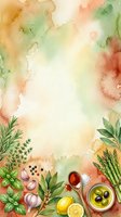 Watercolor cooking background with fresh vegetables, herbs, olive oil, and lemons arranged on cream space, ideal for food blogs, recipes, and culinary designs.