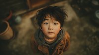 Young Asian boy with tousled hair wearing brown jacket and scarf looking up at camera from below perspective in warm autumn lighting for storytelling content.