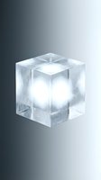 Transparent acrylic cube with glowing white spheres inside, isolated on gradient background for design, packaging, and technology concepts.
