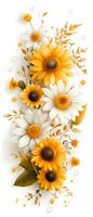Sunflowers and daisies composition with golden wheat ears on white background, floral arrangement for greeting cards and summer designs. Isolated.