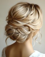 Elegant loose updo hairstyle with soft blonde waves and wisps, shown from behind on light background, romantic wedding or special occasion hair styling.