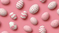Pink and white decorated Easter eggs with geometric patterns, dots, stripes, and zigzag designs scattered on pink background creating festive holiday composition.