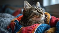 Adorable tabby cat relaxing on colorful knitted blanket, cozy home atmosphere with warm lighting for pet care and comfort lifestyle content.