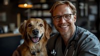 Happy male veterinarian with glasses and stethoscope posing with smiling golden retriever dog in veterinary clinic. Pet healthcare concept.