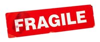 Red fragile sticker label for shipping packages and delicate items handling warning isolated on white background for logistics design.