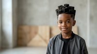 Young African American boy with textured braided hairstyle wearing dark jacket, smiling at camera in modern interior space. Suitable for education, diversity, lifestyle, and family-oriented design projects.
