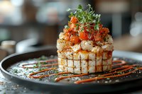 Grilled scallops stacked with red caviar and microgreens on black plate, drizzled with sauce and seasonings, elegant restaurant presentation on dark background.
