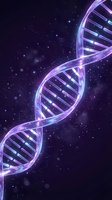Glowing DNA double helix structure with purple and blue neon lights against dark starry space background for genetics research and biotechnology concepts.