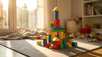 Colorful wooden building blocks stacked into a tower structure on a playmat in a bright, sunlit nursery room with windows and bookshelves for child development.