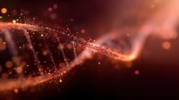 Glowing DNA strand with sparkling particles on dark red background, genetic research concept showing molecular structure and genetic code visualization.