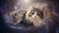Fluffy tabby cat floating in cosmic space with colorful nebula stars and galaxy background creating magical fantasy scene for creative projects.