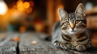 Tabby kitten with amber eyes resting on wooden surface against warm bokeh background, creating cozy atmosphere for pet photography.