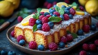 Homemade lemon pound cake topped with fresh raspberries and blueberries, dusted with powdered sugar on rustic wooden plate for dessert recipes.