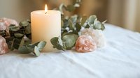 Romantic candle arrangement with soft pink roses and eucalyptus leaves on white linen creating warm intimate atmosphere for spa relaxation or wedding decor.