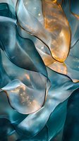 Abstract flowing waves in teal and gold tones create ethereal underwater effect with glowing light particles and translucent layered textures for luxury designs.