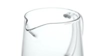Broken clear glass beaker with sharp crack and jagged edge isolated on white background for laboratory accident safety education and glassware damage concepts.