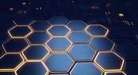 Futuristic hexagonal grid pattern with glowing golden edges on dark blue background. Abstract technology concept for digital design and modern presentations.