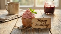 Pink frosted cupcake with mint garnish and Happy Birthday tag on rustic wooden table, warm natural light, cozy celebration concept.