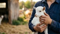 Male farmer in denim shirt holding young white goat on rural farm. Livestock care and agricultural work concept for farming industry.