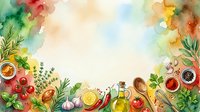 Flat lay food and herb ingredients with watercolor splashes, featuring fresh vegetables, oils, and spices arranged on white background for culinary design projects.