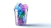 Colorful ice cubes in transparent plastic cup with vibrant blue, purple, and green tones against white background, creating refreshing summer drink concept.