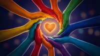 Diverse hands forming circle around glowing heart symbol, representing unity, teamwork, charity, and community support for healthcare, nonprofit, and social causes.