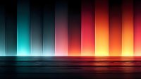 Vibrant spectrum of vertical light beams reflecting on dark water surface, transitioning from turquoise through pink to warm orange and yellow colors creating atmospheric mood.