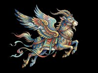 Ornate winged goat with decorative patterns and flowing ribbons, isolated on transparent background. Ready for t-shirt design, clipart, stickers, sublimation, and print-on-demand products.