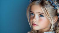 Young blonde girl with blue eyes wearing floral crown against blue background, soft natural makeup and gentle expression, ethereal portrait with dreamy lighting.