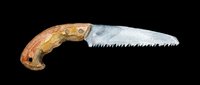 Vintage folding saw with wooden handle isolated on transparent background, ready for clipart, print-on-demand designs, t-shirt graphics, stickers, and sublimation projects.