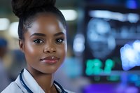 Professional African American female doctor in white coat with stethoscope smiling confidently in modern hospital setting with blurred medical equipment background.