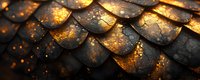 Dragon scales in dark metallic texture with glowing golden light and magical sparkles creating mystical pattern for fantasy design backgrounds.