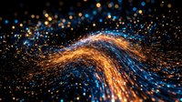 Abstract wave of glowing particles flowing across dark background in blue and gold tones, suitable for technology, data visualization, and digital design projects.