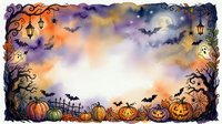 Halloween autumn border frame with carved pumpkins, bats, spiders and lanterns on spooky twilight sky background for seasonal greeting cards and decorations.
