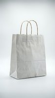 Empty gray paper shopping bag with twisted handles isolated on white background for retail and commercial use.