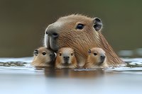 Adorable capybara mother swimming with three babies in water, close-up view showing their faces and expressions. Wildlife family moment captured in natural habitat.
