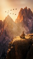 Person meditating on mountain cliff at golden sunset with flying birds and dramatic peaks for mindfulness and spiritual wellness concepts.