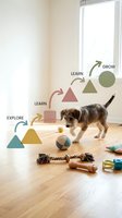 Small dog playing with colorful toys and geometric shapes on wooden floor, with learning and growth progression arrows, ideal for pet development and enrichment concepts.