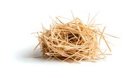 Empty bird nest made of dry straw and hay isolated on white background, natural material structure for spring and Easter seasonal design projects.