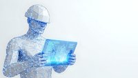 Digital human figure with connected dots and lines holding futuristic holographic tablet interface on white background for technology presentations.