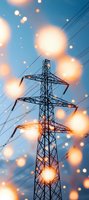 High voltage electricity pylon silhouette against blue sky with glowing bokeh lights and power lines creating atmospheric industrial landscape.