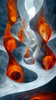 Abstract flowing shapes in orange and blue-gray tones create dynamic movement and contrast, evoking organic forms and fluid energy in modern artistic composition.