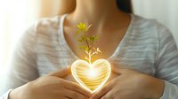 Young Asian woman holding glowing heart shape with growing plant, representing love, growth, hope and environmental care concept on light background.