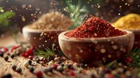 Vibrant red chili powder in wooden bowl with scattered spices, herbs and bokeh light effect on rustic wooden surface, atmospheric food photography.
